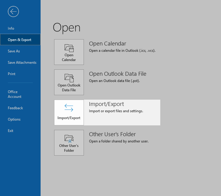 Outlook 365: Open & Export and Click Import/Export